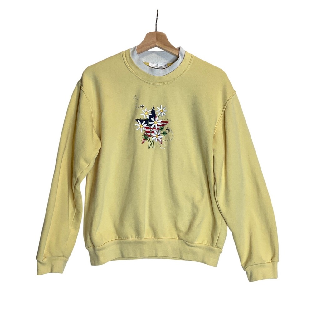 Vintage‎ Country Store Yellow Applique Bees Flag Flowers Pullover Sweatshirt M